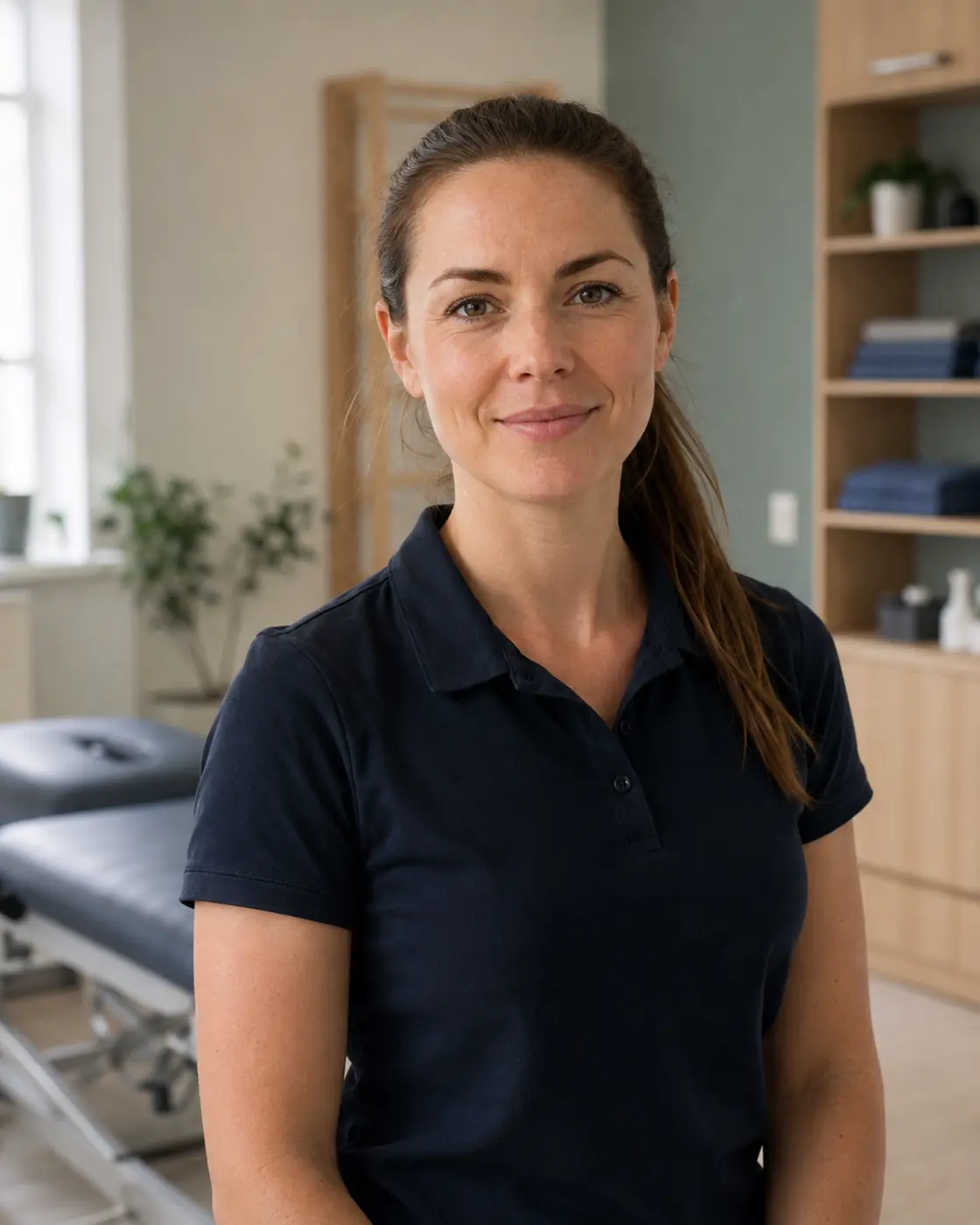 Fictional portrait of physiotherapist Mari Nordli in a bright clinic